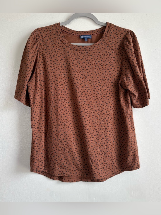 Democracy Tops - Democracy Brown/Black Polka Dot Knit Puff Sleeve Round Neck Top Women’s L